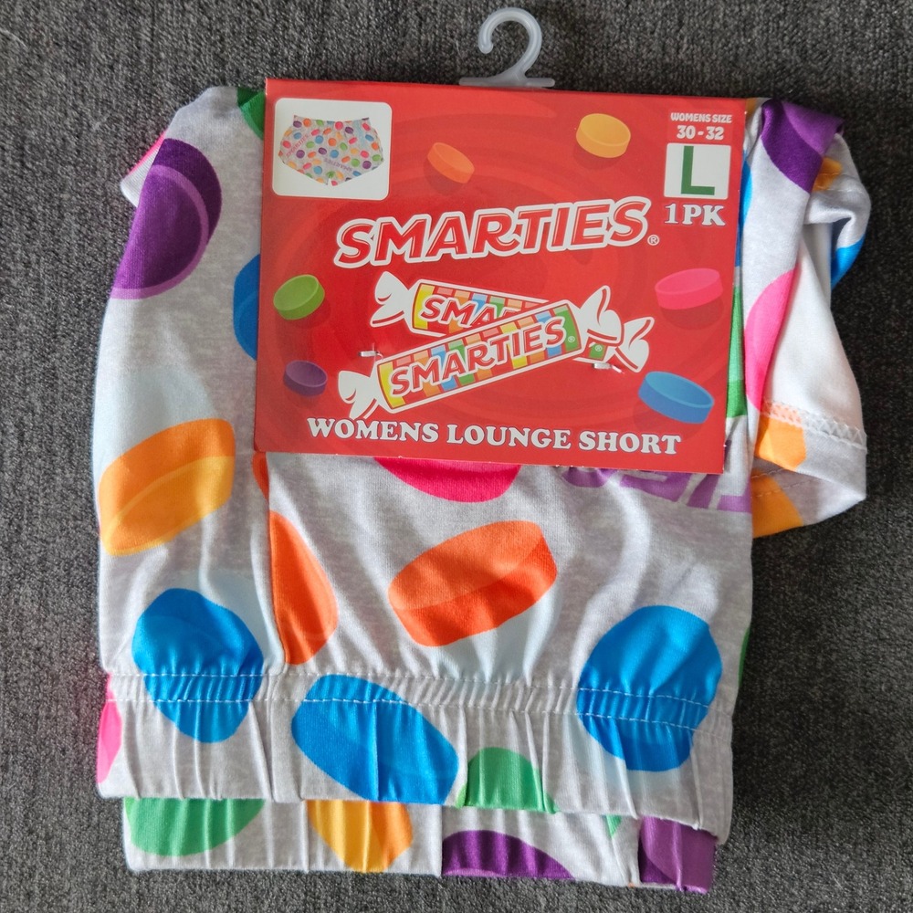 NEW Smarties Candy Womens Lounge Shorts Gray Multi Candy Print Size Large 30-32